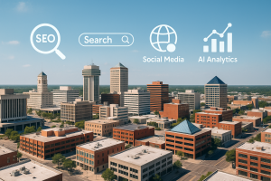 Downtown Wichita skyline with digital marketing icons representing SEO, social media, and AI strategies.
