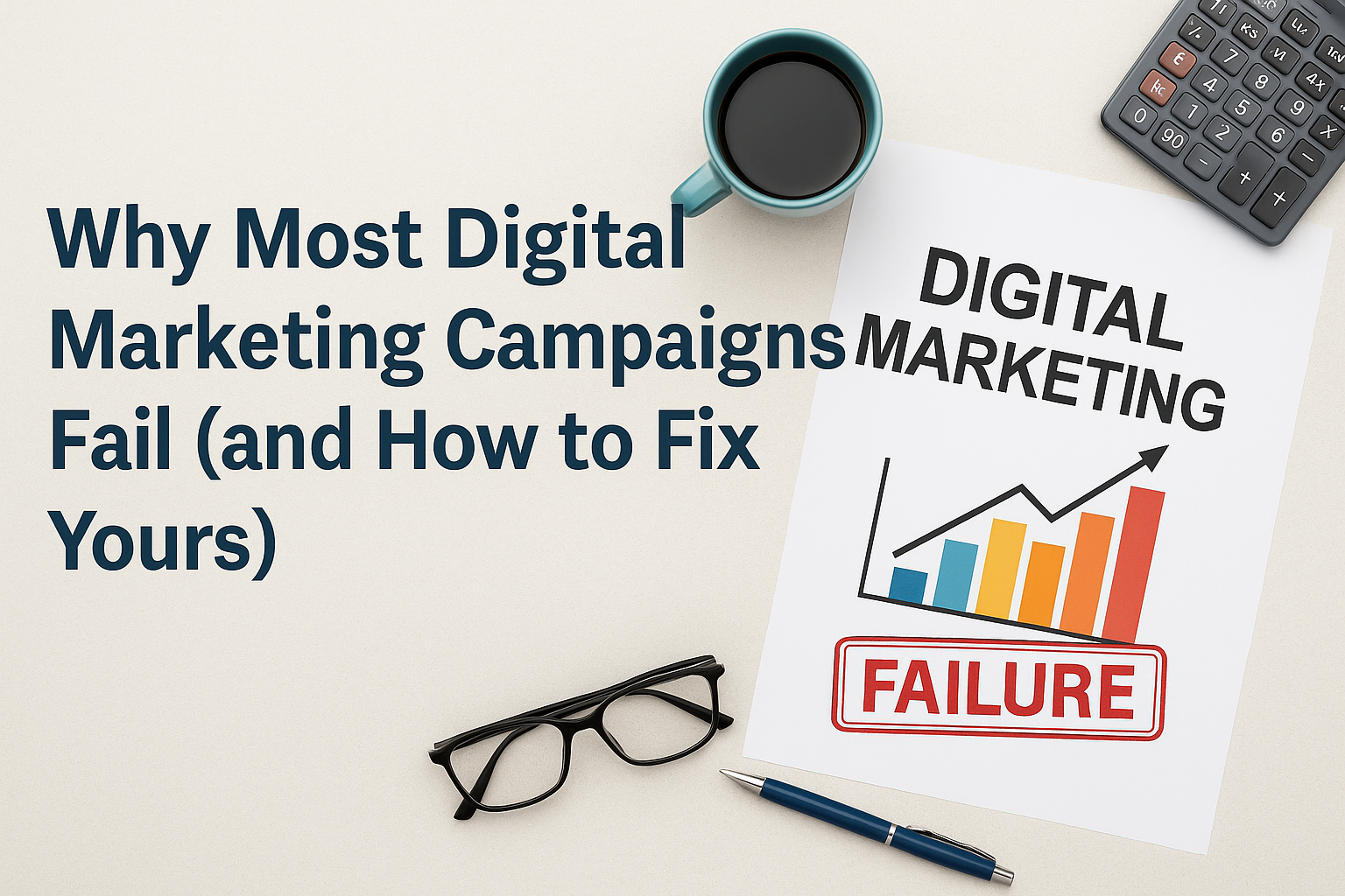 Flat lay of digital marketing tools with a chart labeled ‘Digital Marketing’ stamped with ‘Failure,’ surrounded by coffee cup, glasses, pen, and calculator, alongside text that reads ‘Why Most Digital Marketing Campaigns Fail (and How to Fix Yours).’